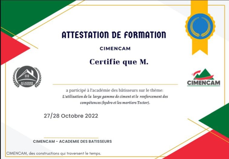 Attestation de formation — Cimencam